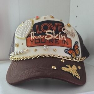 Embellished Brown and White Women's Hat with Gold Accents